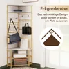 A corner wardrobe with shelves and hooks, displaying bags and boxes, with marketing text and a diagram. Podgląd zdjęcia produktu