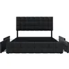 A front view of a black upholstered bed frame with a tufted headboard and drawers. Produktbild-Vorschau