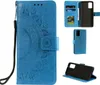 A collage of images showing a blue flip phone case with a mandala design. Produktbild-Vorschau