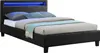 A black upholstered bed frame with blue LED lighting in the headboard, shown from a side-angle. Produktbild-Vorschau
