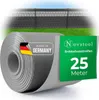 A roll of grey privacy screen material with German flag and product information labels, in front of a blurred fence and grass. Produktbild-Vorschau