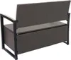 A back view of a poly-rattan storage bench with a black metal frame. Podgląd zdjęcia produktu