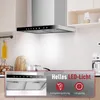 A kitchen scene with a range hood prominently displayed, featuring illuminated controls and a close-up inset of the control panel. Produktbild-Vorschau