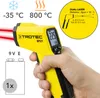 A hand holding a yellow and black infrared thermometer with red laser beams emitting from the front. The background is white with various informational graphics and text. Produktbild-Vorschau