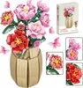 A collage of images showing a building block flower bouquet set, including the assembled product and close-ups of the flowers and packaging. Produktbild-Vorschau