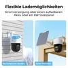 A split image showing two ways to power a security camera: one with a rechargeable battery and another with a solar panel. Produktbild-Vorschau