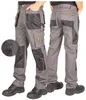 Two views of a pair of gray work pants with black accents and multiple pockets. Náhled obrázku produktu