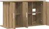 A 3D rendering of a wooden aquarium stand with multiple compartments and doors. Náhled obrázku produktu