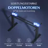 A dark blue background with a black adjustable desk frame in the center. There are icons and text describing the desk's features around the bottom. Produktbild-Vorschau