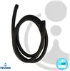 A black flexible hose is coiled on a white and light gray background with brand logos and text. Produktbild-Vorschau