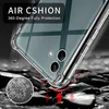 A clear phone case is shown on a dark, rocky surface, with red arrows indicating impact absorption. Produktbild-Vorschau
