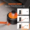 A pneumatic car jack is shown on a tiled floor next to a car's undercarriage. Inset images demonstrate the adjustable handle's different angles. Voir les images du produit