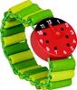 A close-up of a child's wooden watch with a ladybug-themed face and a colorful beaded strap. Produktbild-Vorschau