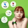 A woman wearing a smartwatch with various app notifications and health data displayed around her. Produktbild-Vorschau