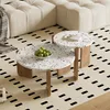 A set of two round terrazzo coffee tables with wooden legs on a patterned rug, next to a sofa. Voir les images du produit