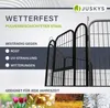 A marketing image showcasing a metal fence or enclosure, highlighting its weather-resistant features and suitability for all seasons. Podgląd zdjęcia produktu
