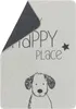 A close-up view of a dog blanket with text and a drawing of a dog. Podgląd zdjęcia produktu