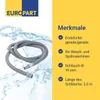 A gray drain hose for a washing machine or dishwasher is shown next to a list of its features. Produktbild-Vorschau