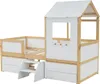 A white and natural wood children's bed with a house-like structure, window, and drawers, shown against a white background. Podgląd zdjęcia produktu