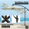 A large cantilever umbrella with solar-powered LED lights is shown on a beach with the ocean in the background. Insets show details of the umbrella's base and pole mechanism. Voir les images du produit
