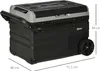 A black and gray portable cooler with wheels and a handle is shown on a white background with dimension markings. Náhled obrázku produktu