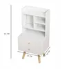 A white bedside table with two drawers and shelves, shown with dimensions indicated by lines and text. Podgląd zdjęcia produktu
