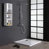 A modern bathroom with a shower tray, shower fixture, and shelving unit. Produktbild-Vorschau