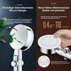A split image showcasing a shower head with marketing text and close-up details. Produktbild-Vorschau