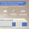 A cutaway diagram of a mattress showing its internal layers and features, with accompanying text and icons. Produktbild-Vorschau