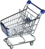 A miniature metal shopping cart with blue accents, isolated on a white background. Produktbild-Vorschau