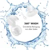 A splash of water surrounds white dishes and a spoon, with text indicating a 360-degree wash. Produktbild-Vorschau