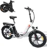 A white folding electric bicycle with black tires and seat, shown from a side-angle. Produktbild-Vorschau