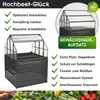 A marketing image showcasing a raised garden bed with a greenhouse attachment, highlighting its features and benefits. Produktbild-Vorschau