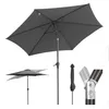 A dark gray patio umbrella is shown in various states: fully open, partially open, closed, and a close-up of its tilting mechanism. Produktbild-Vorschau