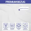 A close-up of a white quilted fabric surface, likely a mattress or bedding, with overlaid text and icons highlighting product features. Produktbild-Vorschau