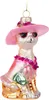 A glass ornament of a cat wearing a pink hat, sunglasses, and a dress, holding a purse. Produktbild-Vorschau
