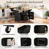 A collage of images showcasing a black kitchen island with a wooden countertop, highlighting its features and components. Produktbild-Vorschau