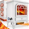 A white electric fireplace with a realistic flame effect, shown with safety and power certifications on the side. Produktbild-Vorschau