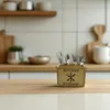Vintage Retro Besteckkorb aus Holz mit Ledergriff Produktbild-Vorschau 7