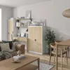 A modern living room with a sofa, coffee table, and a desk with cabinets. Produktbild-Vorschau