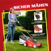 A woman is mowing a lawn with a red electric lawnmower. The image is framed by a red border and a yellow border. There are inset images highlighting product features. Produktbild-Vorschau