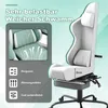 A gaming chair with informational overlays and close-up views of its features. Produktbild-Vorschau