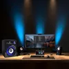 A computer setup with speakers, a monitor, and a keyboard on a wooden desk, with blue lighting in the background. Produktbild-Vorschau