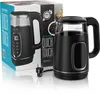 A black electric kettle and its packaging are displayed on a white background. Produktbild-Vorschau