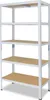 A white metal shelving unit with five wooden shelves against a white background. Voir les images du produit