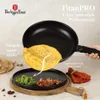 A frying pan is shown tilting an omelet onto a plate with food, with text highlighting product features. Voir les images du produit