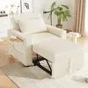 A beige sofa bed with an extended ottoman is shown in a living room setting, with a small side table and a plant in the background. Produktbild-Vorschau