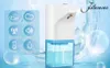 A marketing image for an automatic disinfectant dispenser, featuring icons and text highlighting its features against a blue, bubbly background. Produktbild-Vorschau