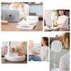 Collage of images showing a portable fan in various settings, including a desk with a laptop, outdoors, and close-ups of its features. Náhled obrázku produktu