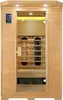 A front view of a wooden infrared sauna cabin. Produktbild-Vorschau